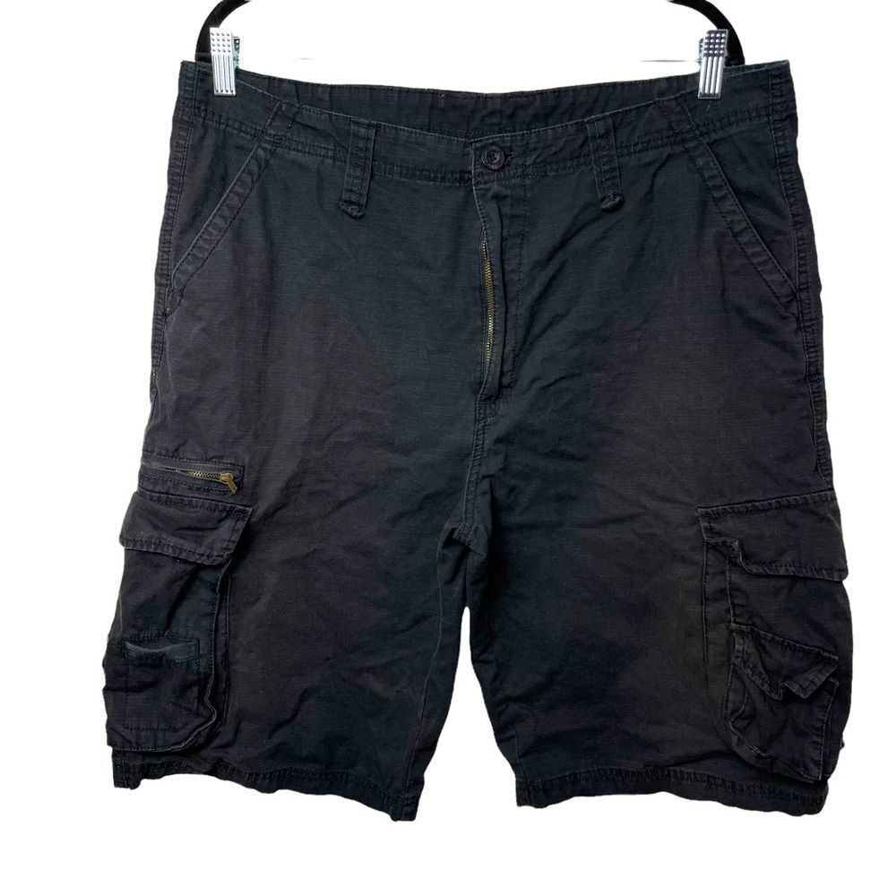 Blue Crown Solid Black Cargo Shorts multi pocket zipper 100% Cotton size 36